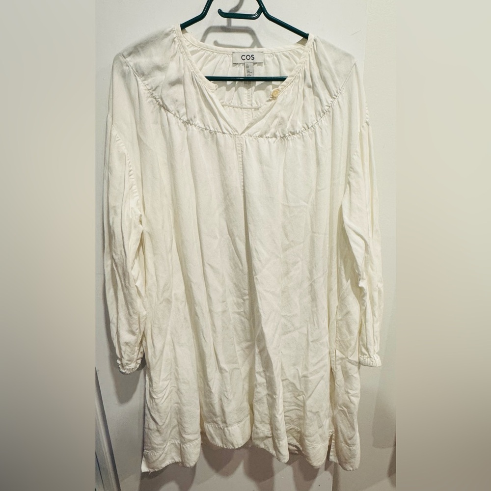 COS Oversized Gathered Mini Dress Tunic white linen tencel mod boho street L - Picture 4 of 8
